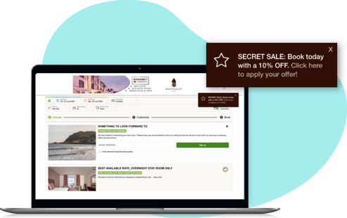 Shows a smart note on a hotel website booking engine saying: Secret Sale: Book today with a 10% OFF. Click here to apply your offer!